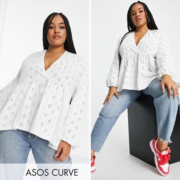 ASOS Curve Broderie Eyelet Smock with Blouson Long Sleeve and Tie Back - Size 18 - Picture 1 of 12